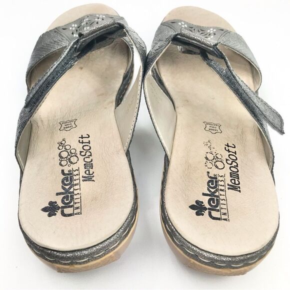 Rieker Silver Metallic Laser Cut Rhinestone MemoSoft Antistress Slide Sandals - Picture 9 of 16